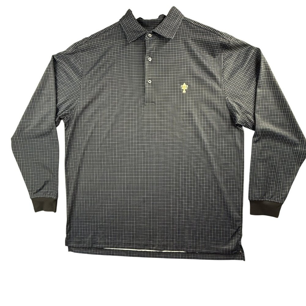 Donald Ross Polo Shirt Mens Large Blue Check Trophy Logo Long Sleeve Golf Knit